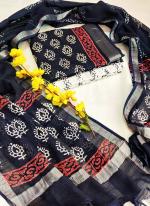 Linen Cotton Black Casual Wear Bagru Print Dress Material